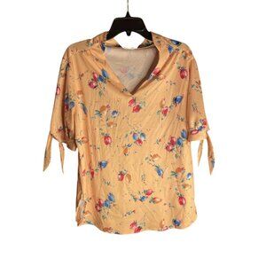 Pretty Tops Women's Vintage 70s Blouse Floral Short Sleeve Tie Yellow Spring XL